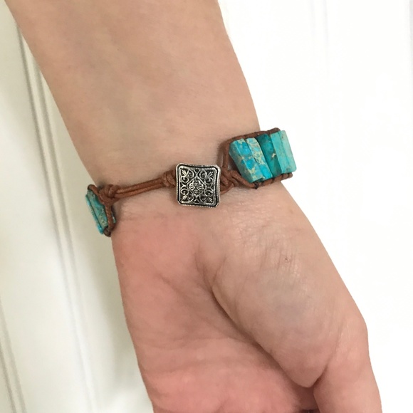 Blue Imperial Jasper Bracelet Boho Genuine Leather - Picture 5 of 8